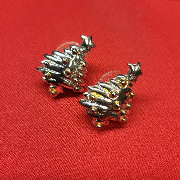 Gold and Silver Christmas Tree Earrings - Picture 2 of 12